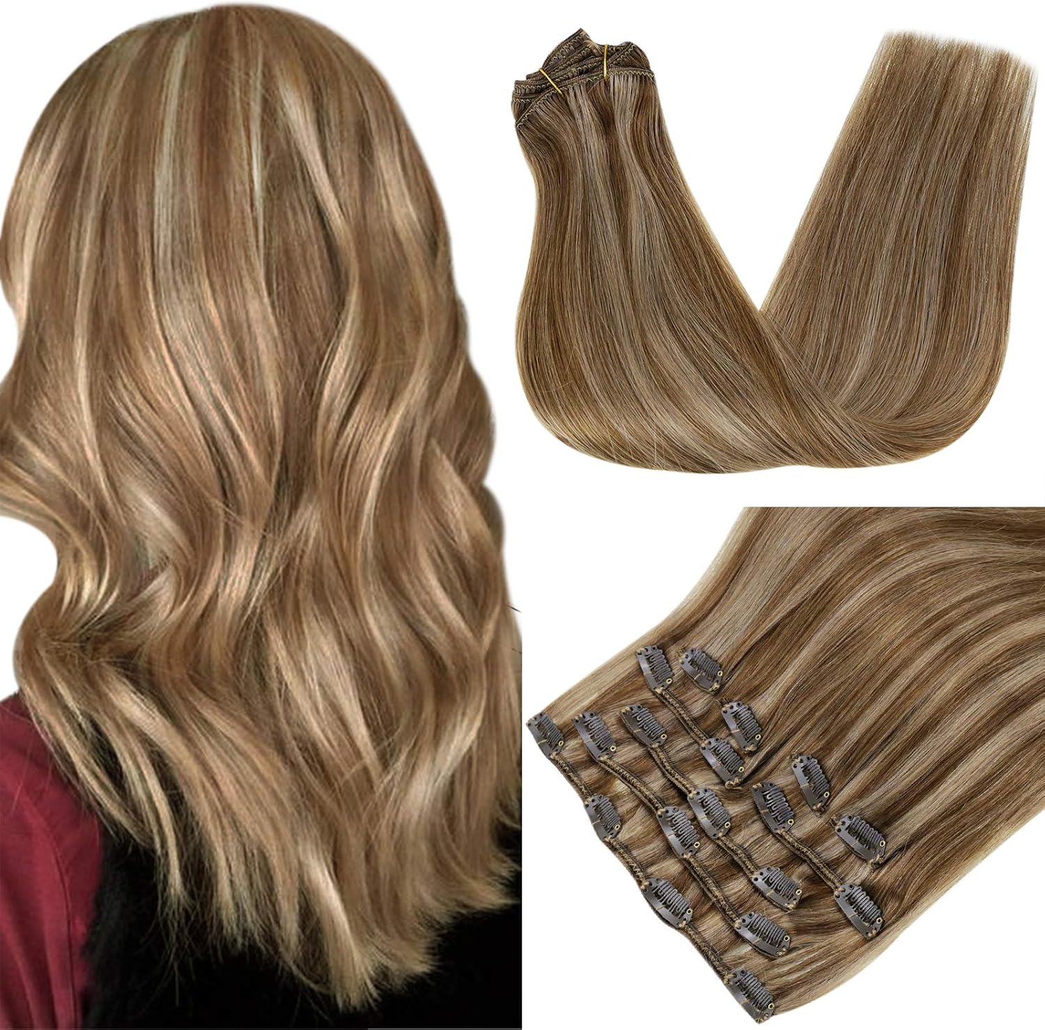 RUNATURE Clip in Hair Extensions Real Human Hair Brown Highlight Blonde Clip in Extensions Human Hair Brown Double Weft Clip in Human Hair Extensions 7pcs 18 Inch 120g