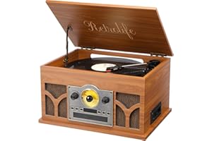 RETROLIFE 10-in-1 Record Player with Built-in Speakers Wireless Playback, CD & Cassette Player, USB Player, AM/FM Radio, 3 Speeds Turntable Vinyl Record Player Mahogany