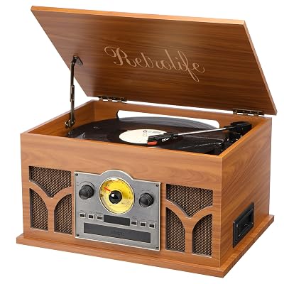 10-in-1 Record Player with Built-in Speakers Wireless Playback, CD & Cassette Player, USB Player, AM/FM Radio, 3 Speeds Turntable Vinyl Record Player Mahogany