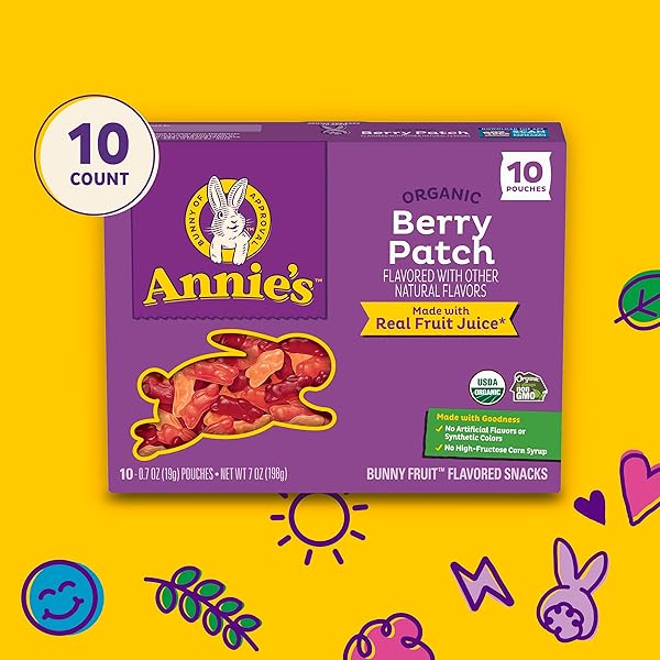 ANNIE’S ORGANIC BERRY PATCH BUNNY FRUIT FLAVORED SNACKS, GLUTEN FREE, 10 POUCHES, 7 OZ
