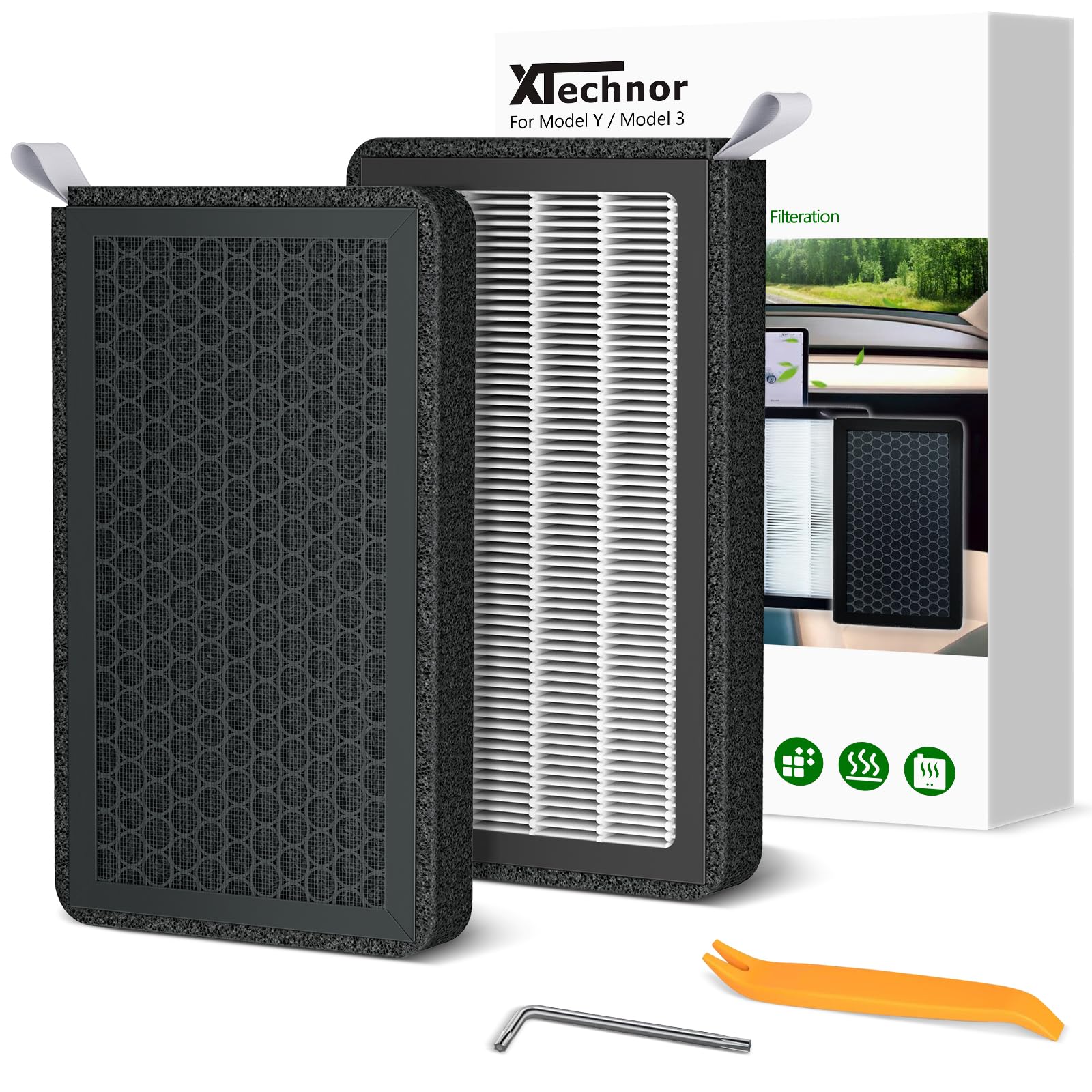 Photo 1 of XTechnor HEPA Air Filter for Model Y Model 3 2016-2026, 2 Pack Cabin Air Filter with Activated Carbon for 2024/2025/2026 Juniper Highland Upgraded Version