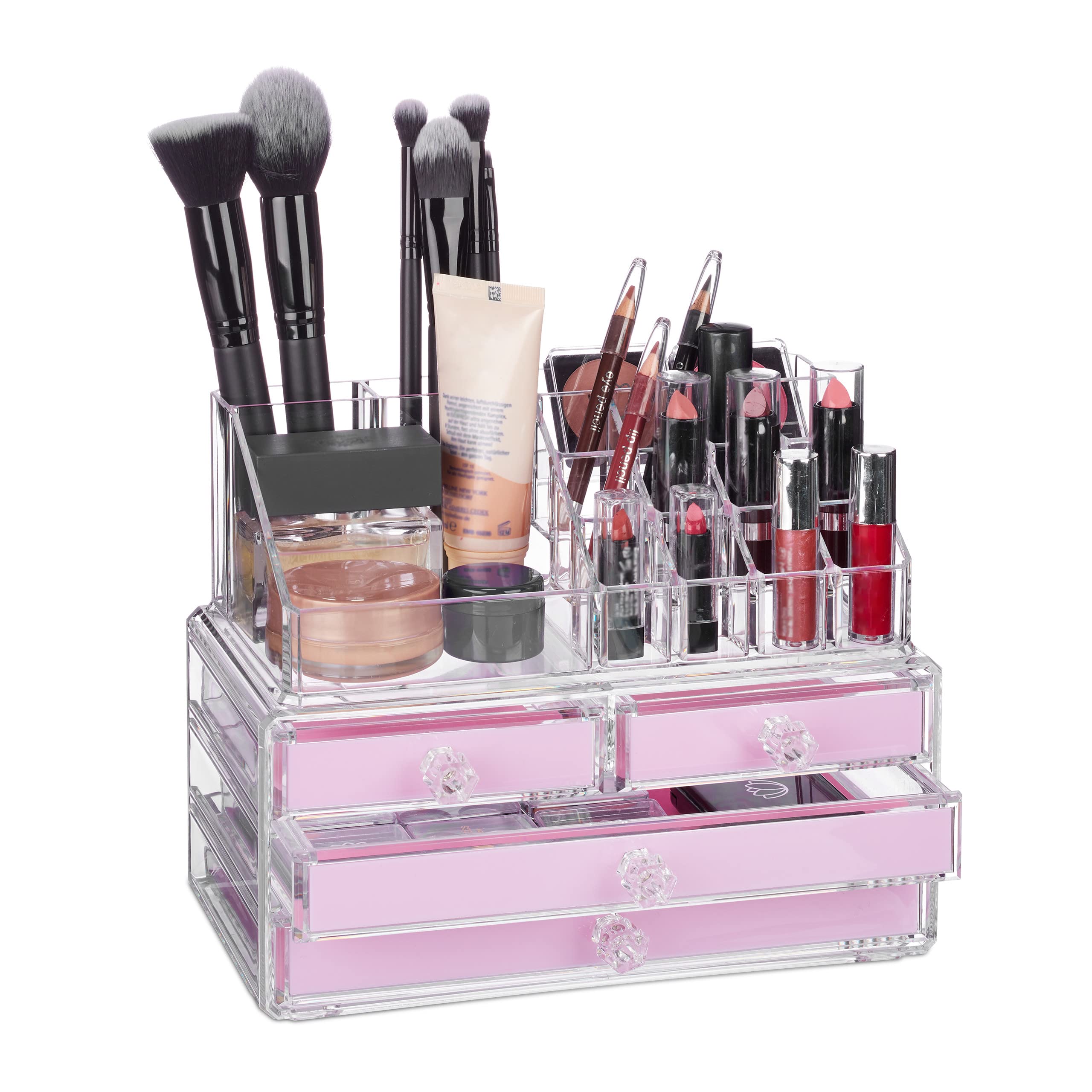 Relaxdays Makeup Organizer with 4 Drawers, Cosmetics Holder for Nail Polish and Lipstick, Acrylic Makeup Kit, Pink