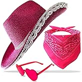 JICASTO Cowboy Hat Glitter Cowgirl Hat with Sequins & Tiara Crown for Women Rodeo Party Hats with Heart Glasses