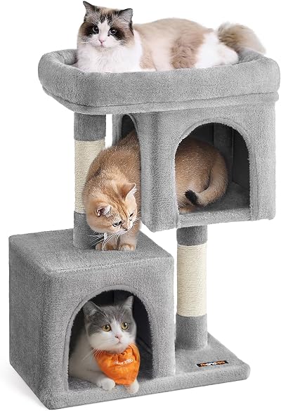 Feandrea Cat Tree Tower 74 cm M Large Perch 2 Caves Scratching Post Grey
