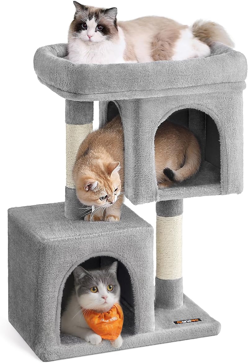 Feandrea Cat Tree Tower 74 cm M Large Perch 2 Caves Scratching Post Grey