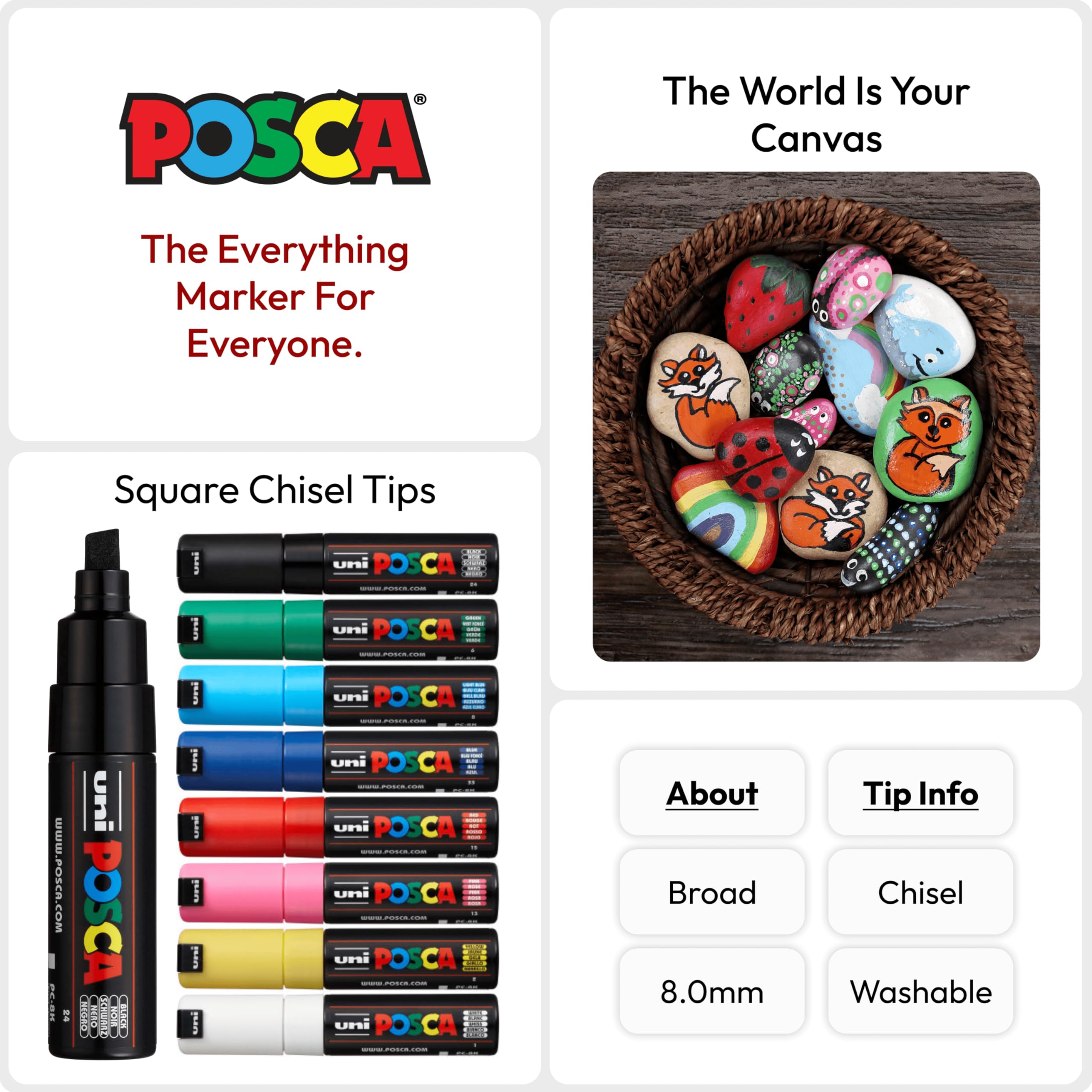 Posca Authentic Marker Set, 8 Professional Grade Markers with 8K Broad Chisel Tips