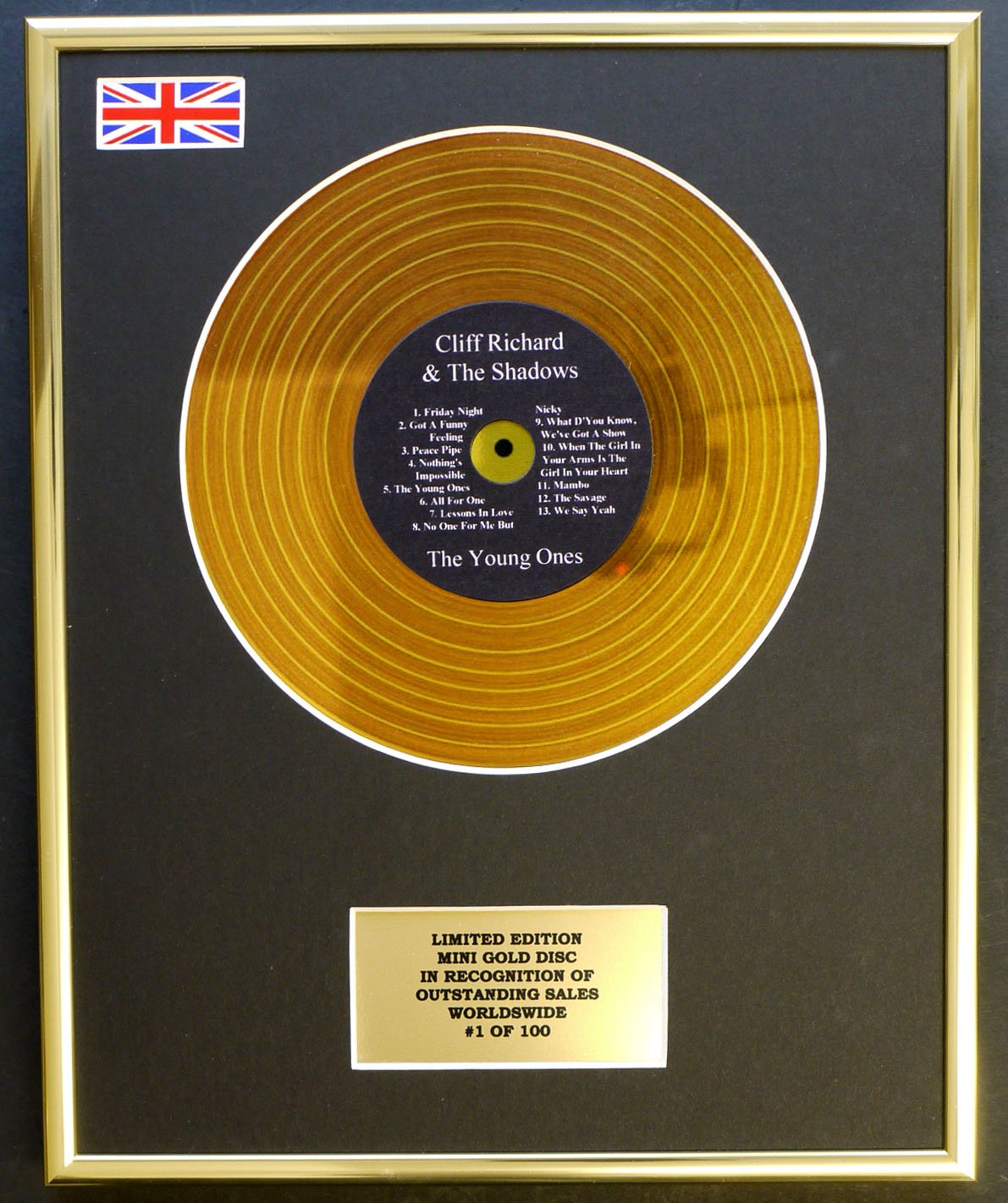 CLIFF RICHARD & THE SHADOWS/MINI GOLD DISC DISPLAY/LIMITED EDITION/COA/THE YOUNG ONES