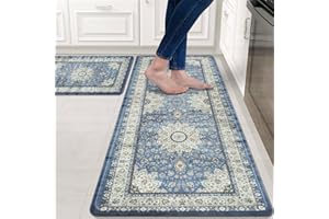 Collive Boho Kitchen Mat, Cushioned Anti Fatigue Kitchen Rug Set 2 Piece Non-Skid Waterproof Kitchen Mats for Floor, Comfort Heavy Duty Standing Mat for Kitchen, Laundry, Office, Desk(Blue)