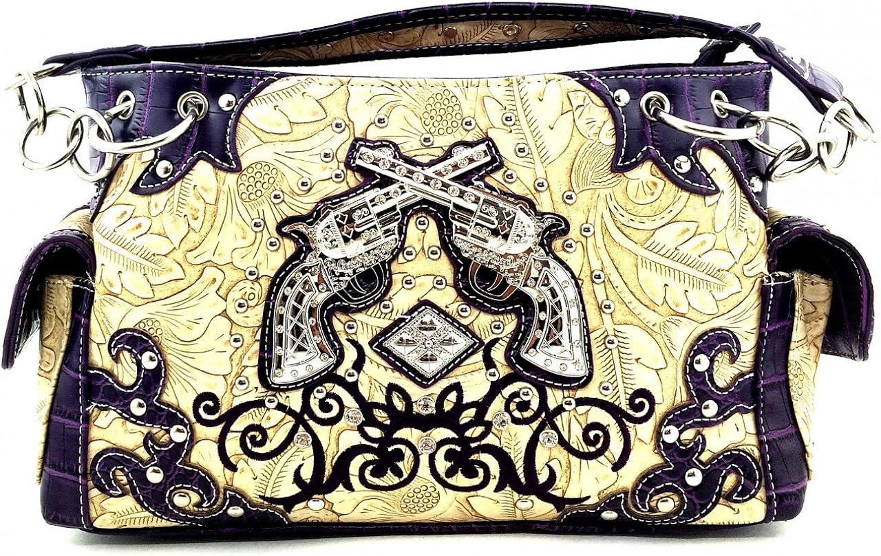 Embossed Western Rhinestone Pistols Purse w/Concealed Weapon Gun Pocket (Purple) Handbags