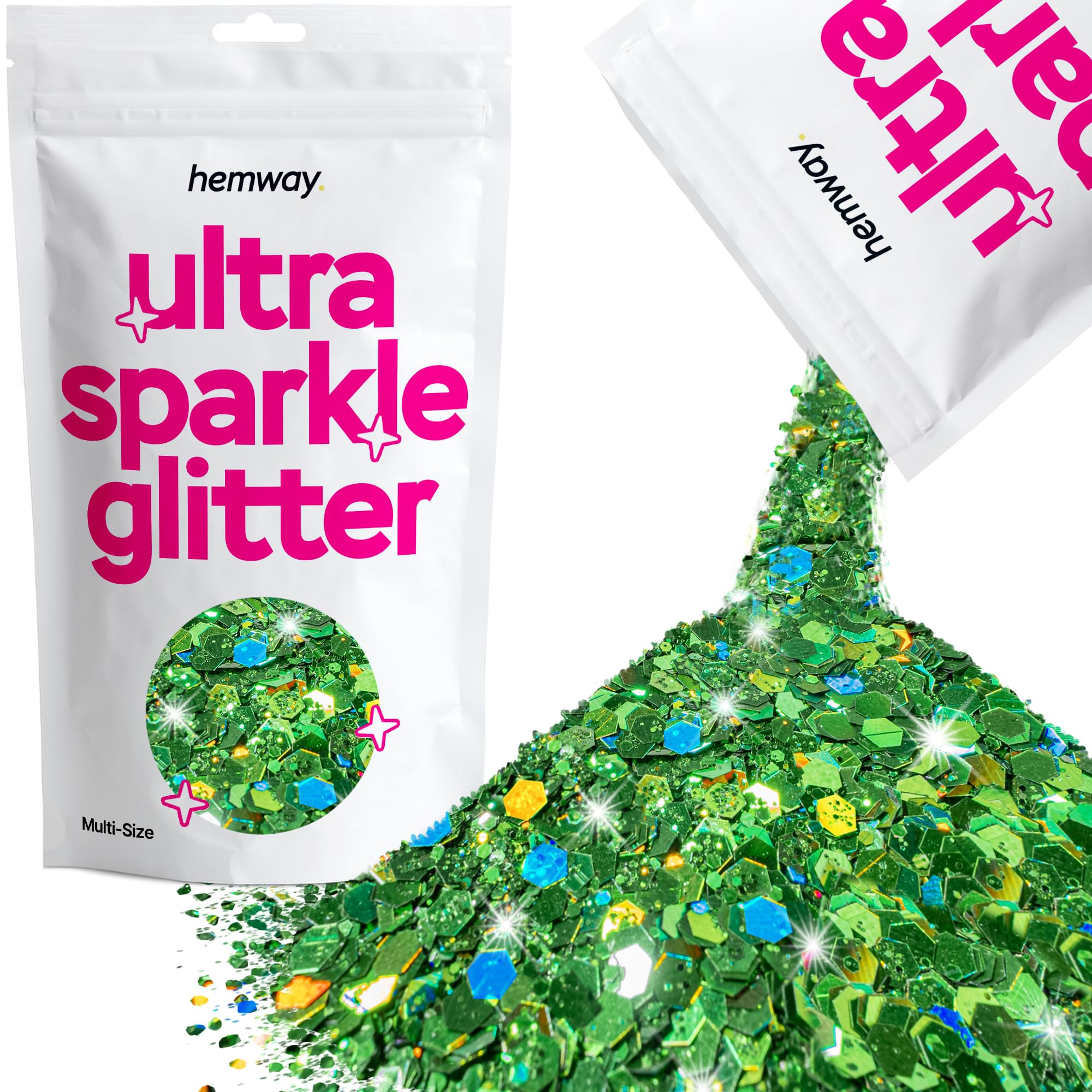 Hemway Ultra Sparkle Glitter Emerald Green Holographic 100g Multi Size | Glitter for Arts & Craft, Makeup, Nail Art, Crafting, Card Making, Sparkle Decoration