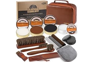 EFO SHM 15-in-1 Shoe Shine Kit & Leather Polish Set with 4 Horsehair Brushes, Black Brown Neutral Wax, Mink Oil & 3 Cloths Shine Sponges Boot Care & Cleaning Gifts for Men Women with Portable Leather Case