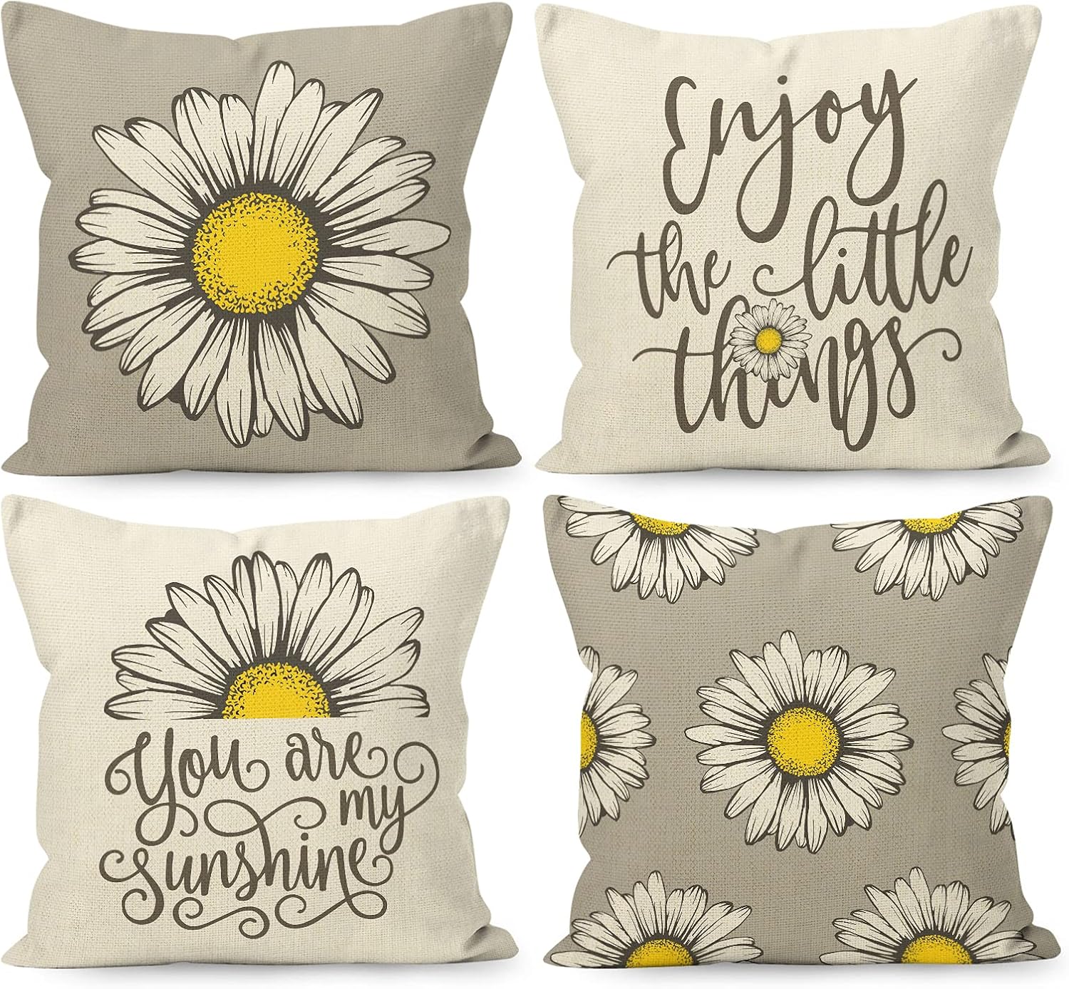 YUEMAYLY Farmhouse Summer Flower Daisy Floral You are My Sunshine Grey Linen Throw Pillow Covers 18 x 18 Inch Set of 4, Daisy Lover Gifts for Home Room Bed Sofa Decorations Decor