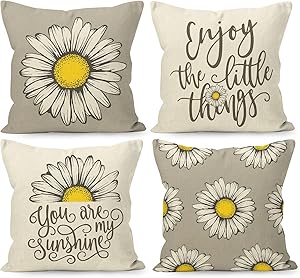 YUEMAYLY Farmhouse Summer Flower Daisy Floral You are My Sunshine Grey Linen Throw Pillow Covers 18 x 18 Inch Set of 4, Daisy Lover Gifts for Home Room Bed Sofa Decorations Decor