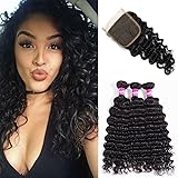 Brazilian Deep Wave Virgin Hair 8A Curly Hair 3 Bundles With Closure Free Part Thick and Unprocessed Human Remy Hair Extensions Natural Black Color 1B# 100g/pcs by Originea (20"20"20"+18")