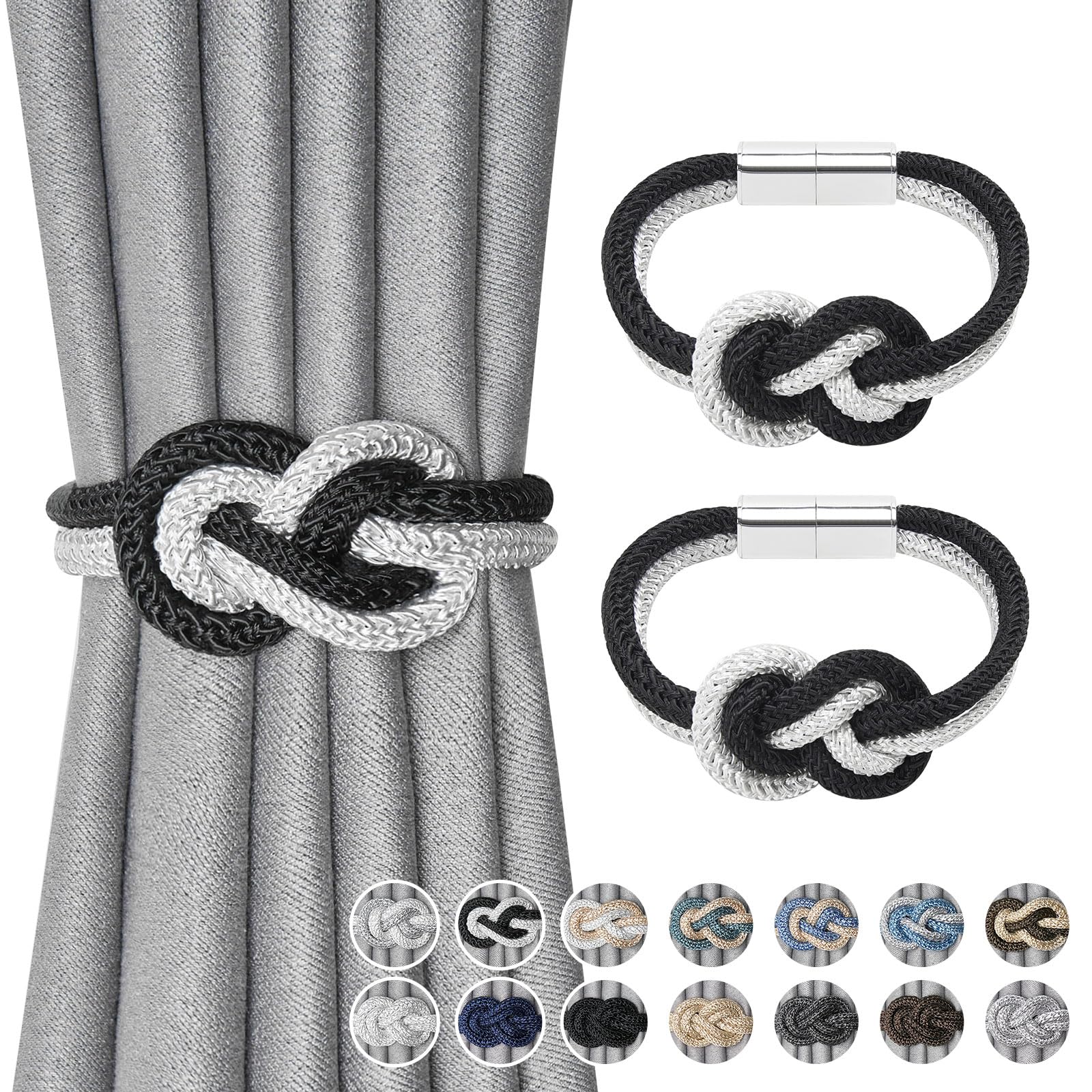 Pretty Jolly 2 Pack Mini Magnetic Curtain Tiebacks Nordic Simple Style Drape Tie Backs Elegant Hand Weave Rope Knot Decorative Curtain Holdbacks for Home & Office Window Drapery (Black & White)