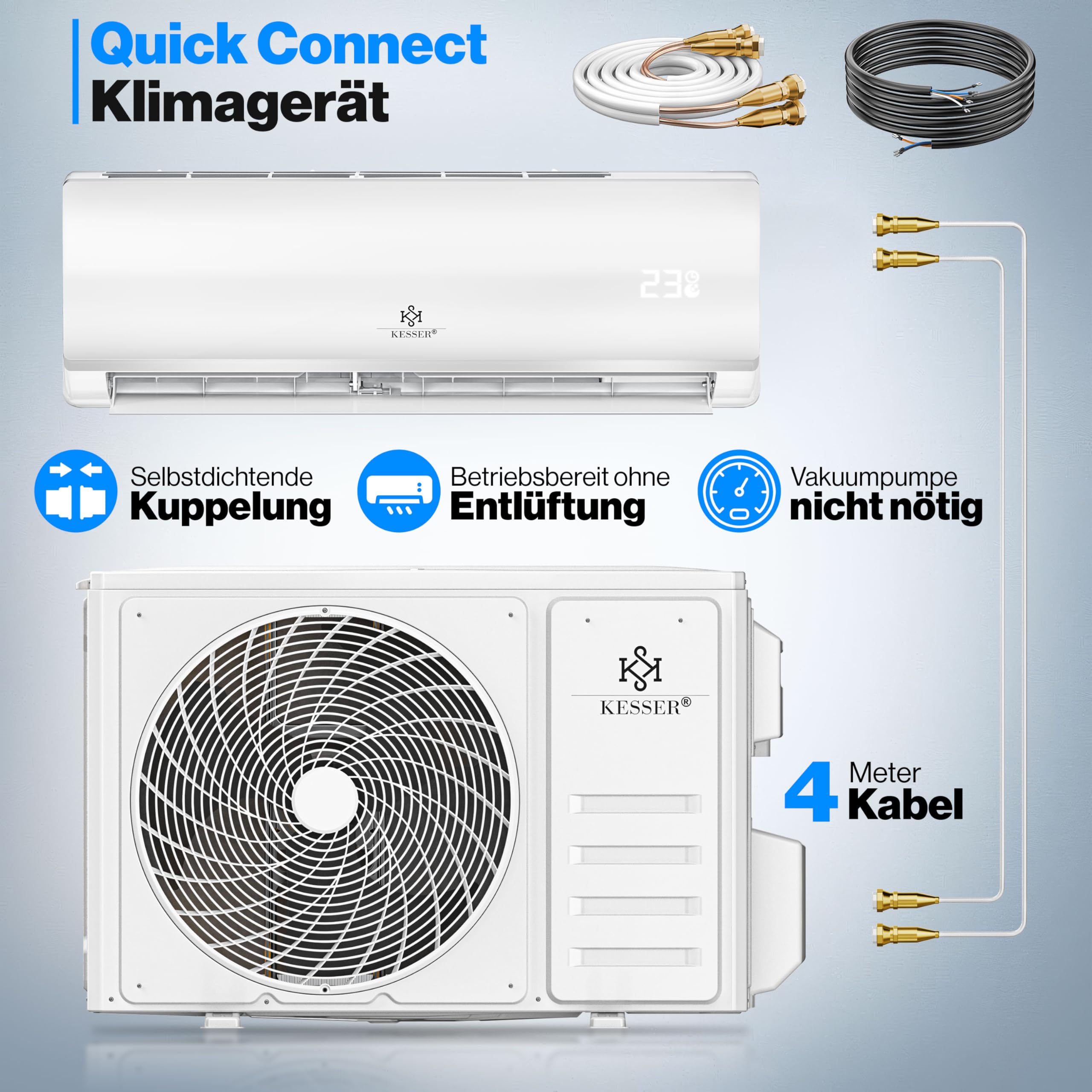 KESSER® Split Klimaanlage Set Quick Connect 9000 BTU 2,6 kW – WiFi & App Klimagerät mit Heizfunktion & Kühlmodus Wandklimaanlage, mit Kupferleitung Kältemittel R32 Inkl. Montagematerial 2