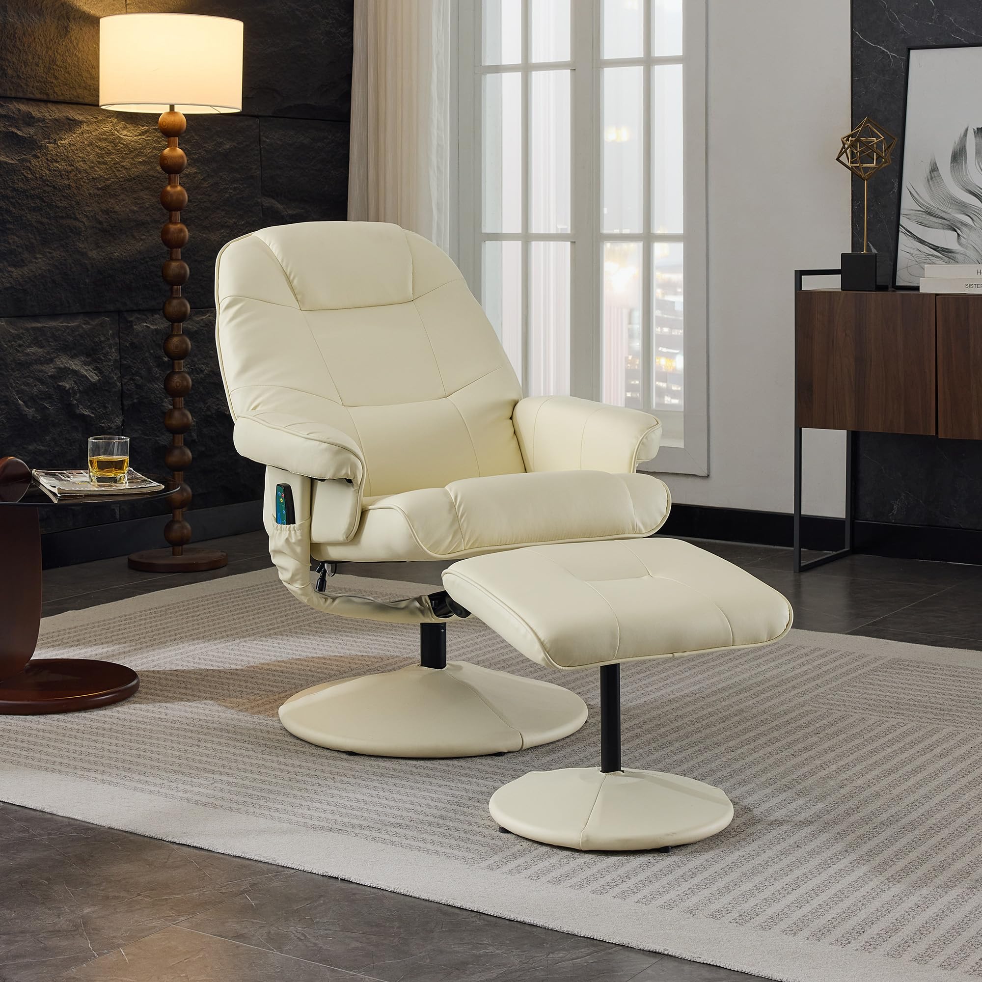 Photo 1 of  Two KEIKI Swivel Recliner Chair with Ottoman, High Backrest,5-Point Vibration Massage & Heated Seat,PU Leather Upholstered Armchair Lounge Sliding Chairs Set for Living Room Bedroom Office,Beige