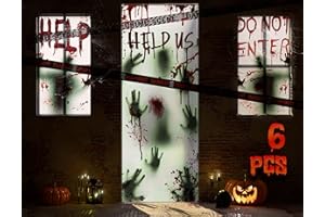 KD KIDPAR 6Pcs Halloween Window Door Decoration Covers Set, includes 4Pcs 60x30” Window Clings&2Pcs 80x36” Door Posters with Scary Bloody Handprints, Indoor and Outdoor Décor for Party