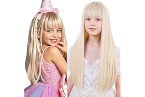 WAVELNM Light Blonde Wigs for Kids Girls Blond Wig with Bangs Long Straight Blonde Child Wig Daily Halloween Cosplay Synthetic Wigs