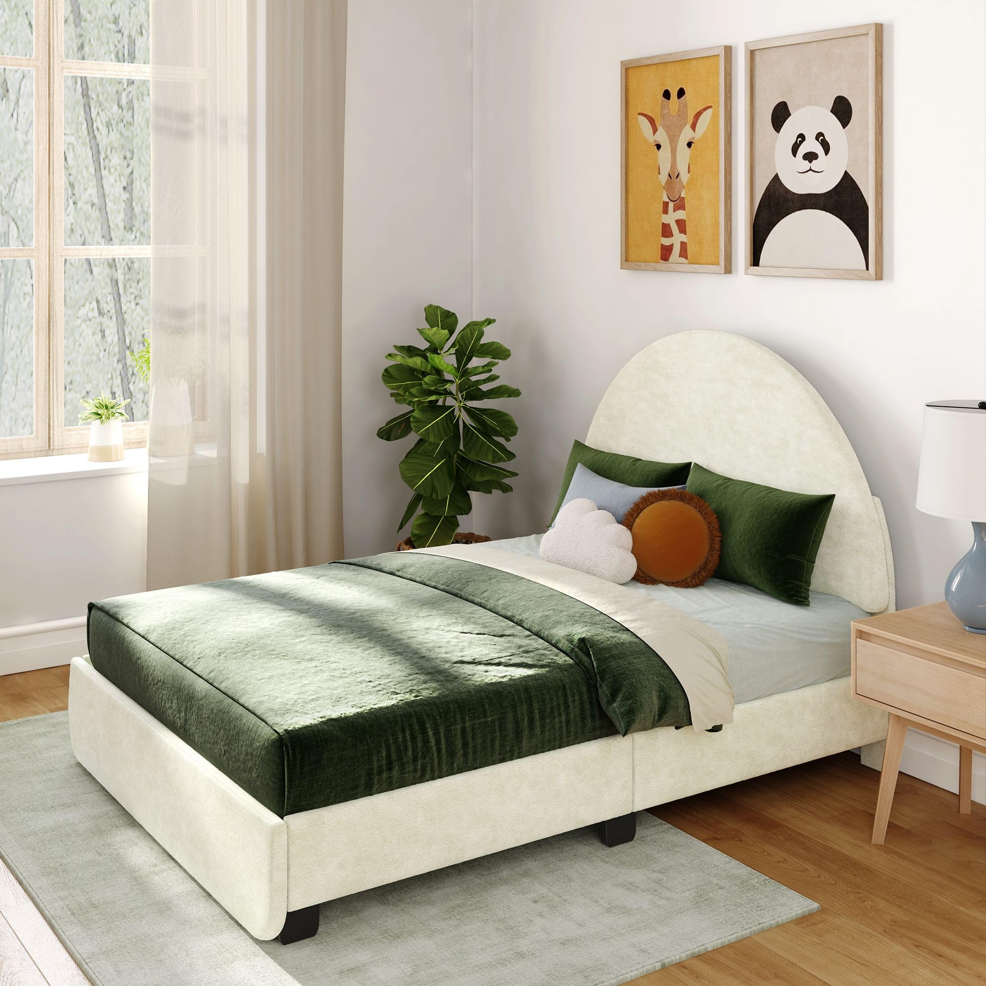 Photo 1 of ** VERY USED/ UNTESTED / MISSING PARTS *** Max & Lily Upholstered Full Bed Frame with Arch Headboard, Upholstered Platform Bed for Kids, No Box Spring Needed, Easy Assembly, Cream