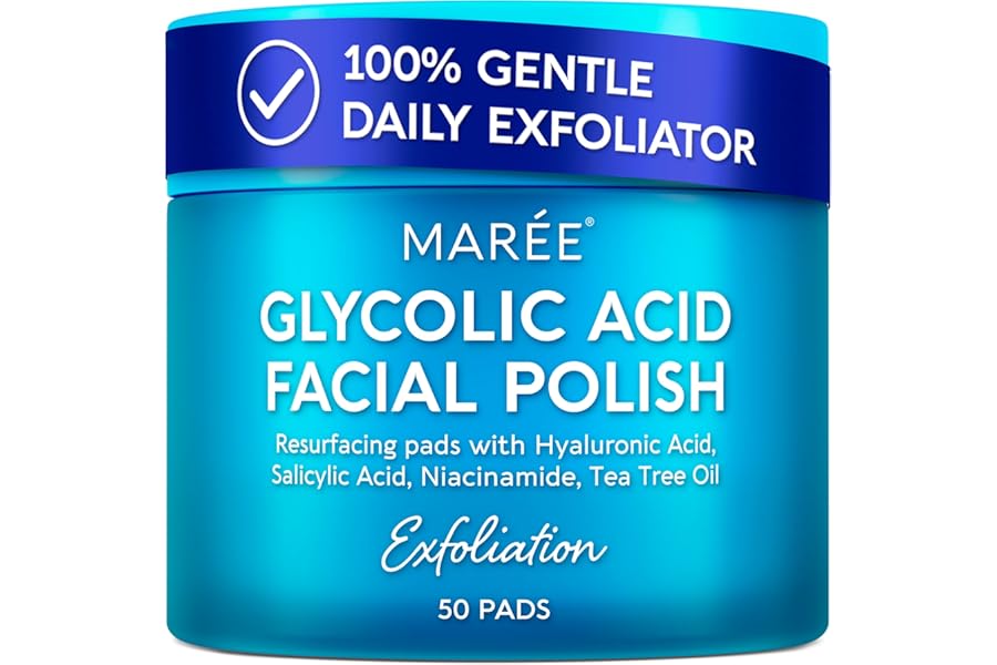 MAREE Glycolic Acid Pads – Toner Pads for Face Cleansing – Exfoliating Pad with Tea Tree Oil, Salicylic Acid & Vitamins E, B3, B5 – Acne Clearing, Skin Pore Resurfacing & Radiance Device – 50 Count