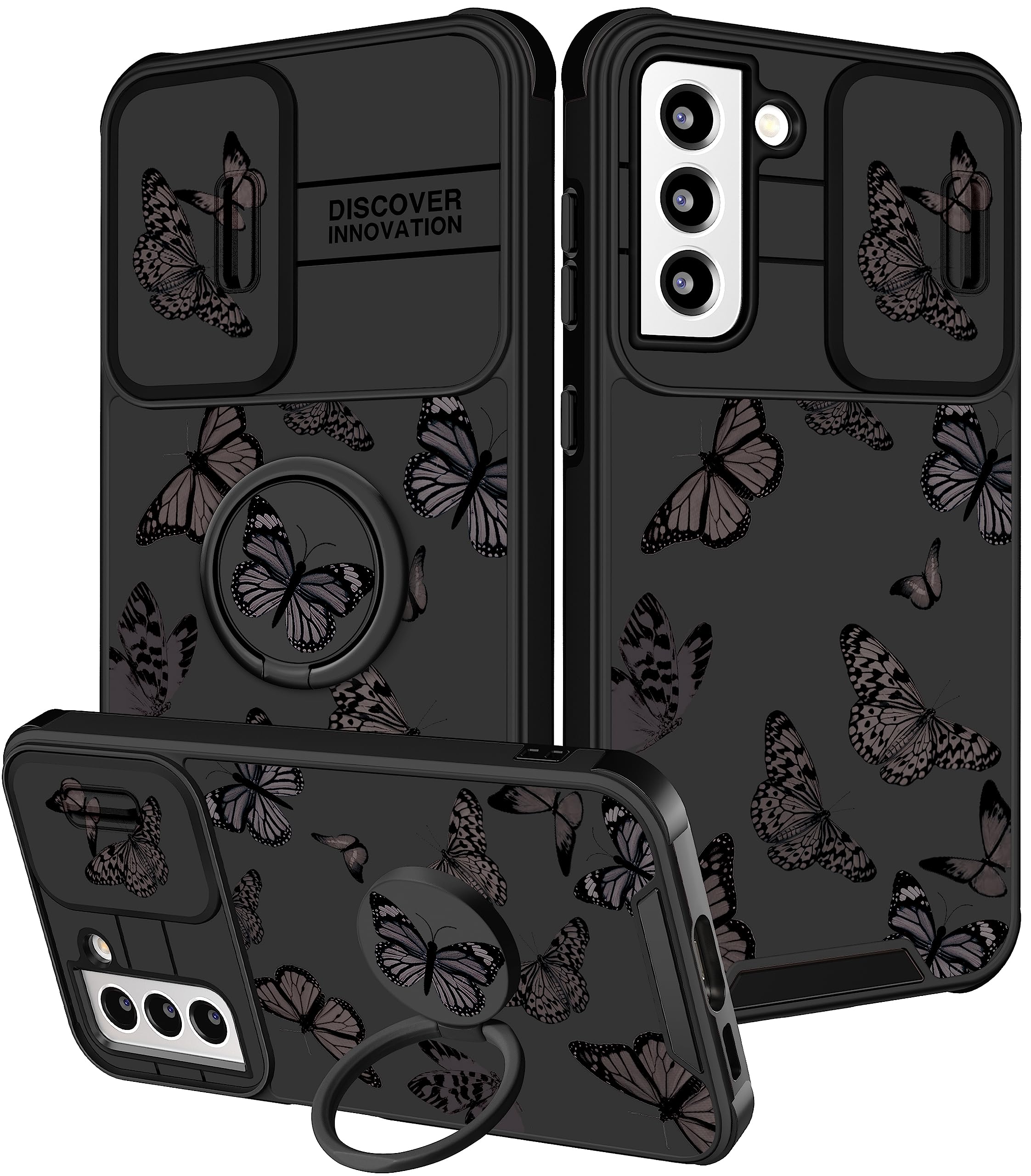 Photo 1 of Funermei for Samsung Galaxy S21 Case - Women Butterfly Cute Girls Phone Cover Girly Pretty Aesthetic Kawaii Black Butterfly Design with Camera Cover + Ring Stand Funda for Galaxy S21 5G Case
