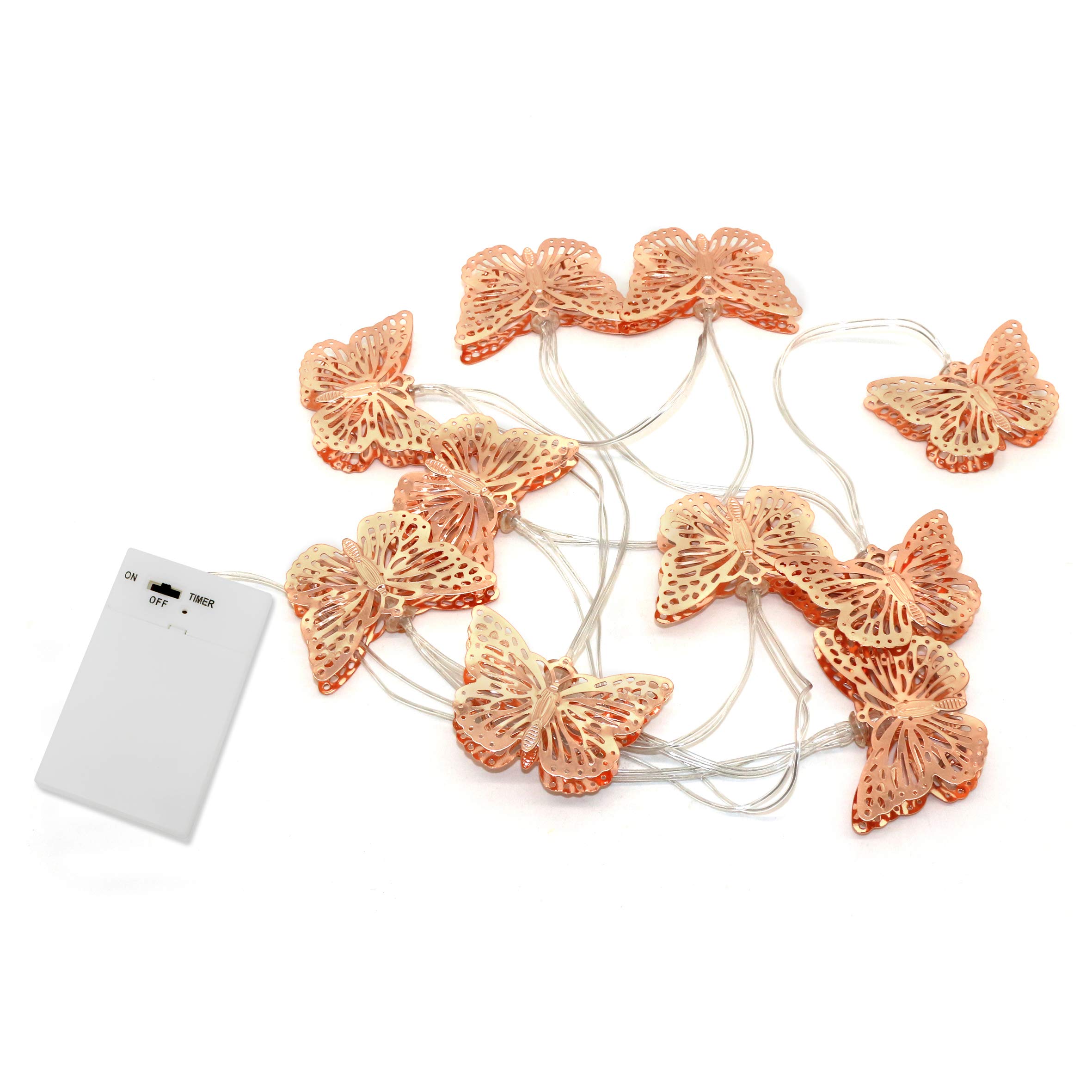 CVHOMEDECO. Rose Gold Metal Butterfly LED String Lights Battery Operated with Timer for Home Wedding Party Birthday Valentine's Day and Seasonal Décor, 5 ft/10 LEDs