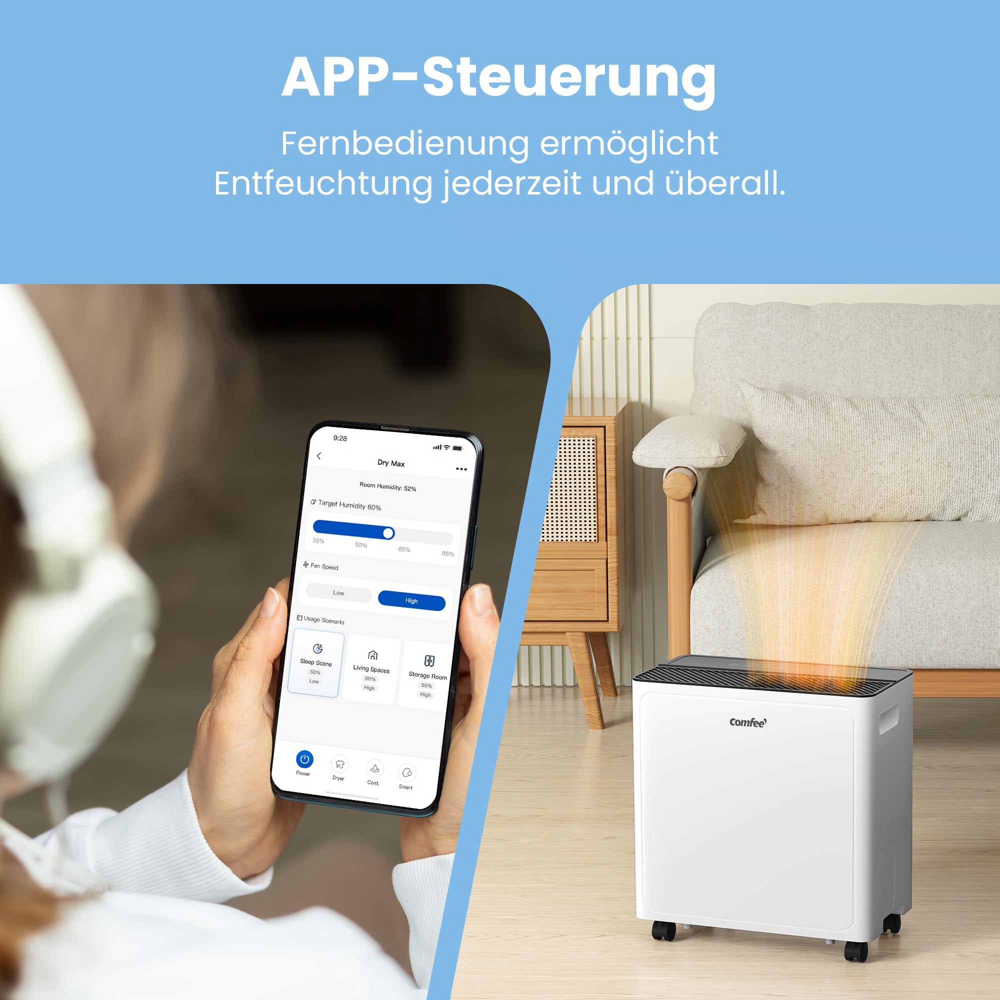 COMFEE CDDAE-30DEN7-QA3 Luftentfeuchter 30L/Tag für bis zu 73㎡, 3-Liter-Tank, drehbare Räder, Trocknungsmodus, Geräuschreduzierung, Automatische Abtauung 3