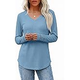 AGSEEM Women's Casual V Neck Long Sleeve Waffle Knit Textured Lace Hollow Out Shirts Curve Hem Loose Tunic Tops Blouses