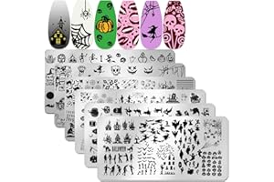 JERCLITY 6pcs Halloween Nail Stamper Kit - Cobwebs, Witch, Ghost, Skull, Jack-o'-Lantern, Haunted House Image Plates for Nail Art