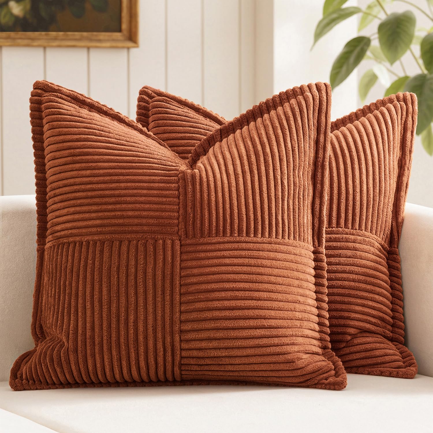 Photo 1 of (USED/FAIR) MIULEE Dark Rust Fall Decorative Throw Pillow Covers for Couch Bed Livingroom 20x20 Inch Set of 2 Boho Accent Throw Pllows Broadside Striped Patchwork Soft Corduroy Pillowcases