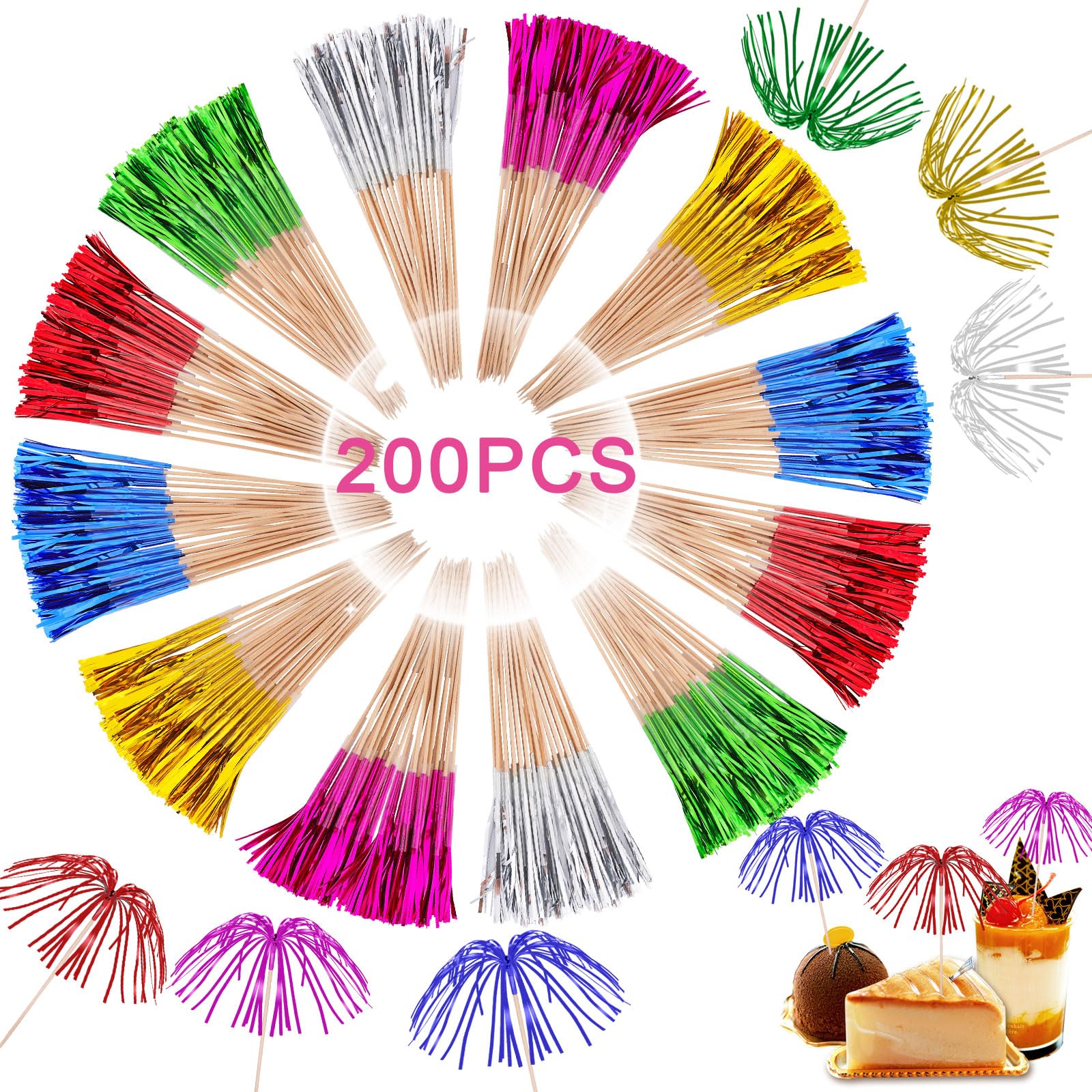 200 PCS Palm Tree Picks, Cocktail Accessories for Drinks, 23cm, for Drinks Cocktail Decorations, Colourful Sparklers Wedding Party Accessories, Suitable for Friend's Party, Bar Dance Party