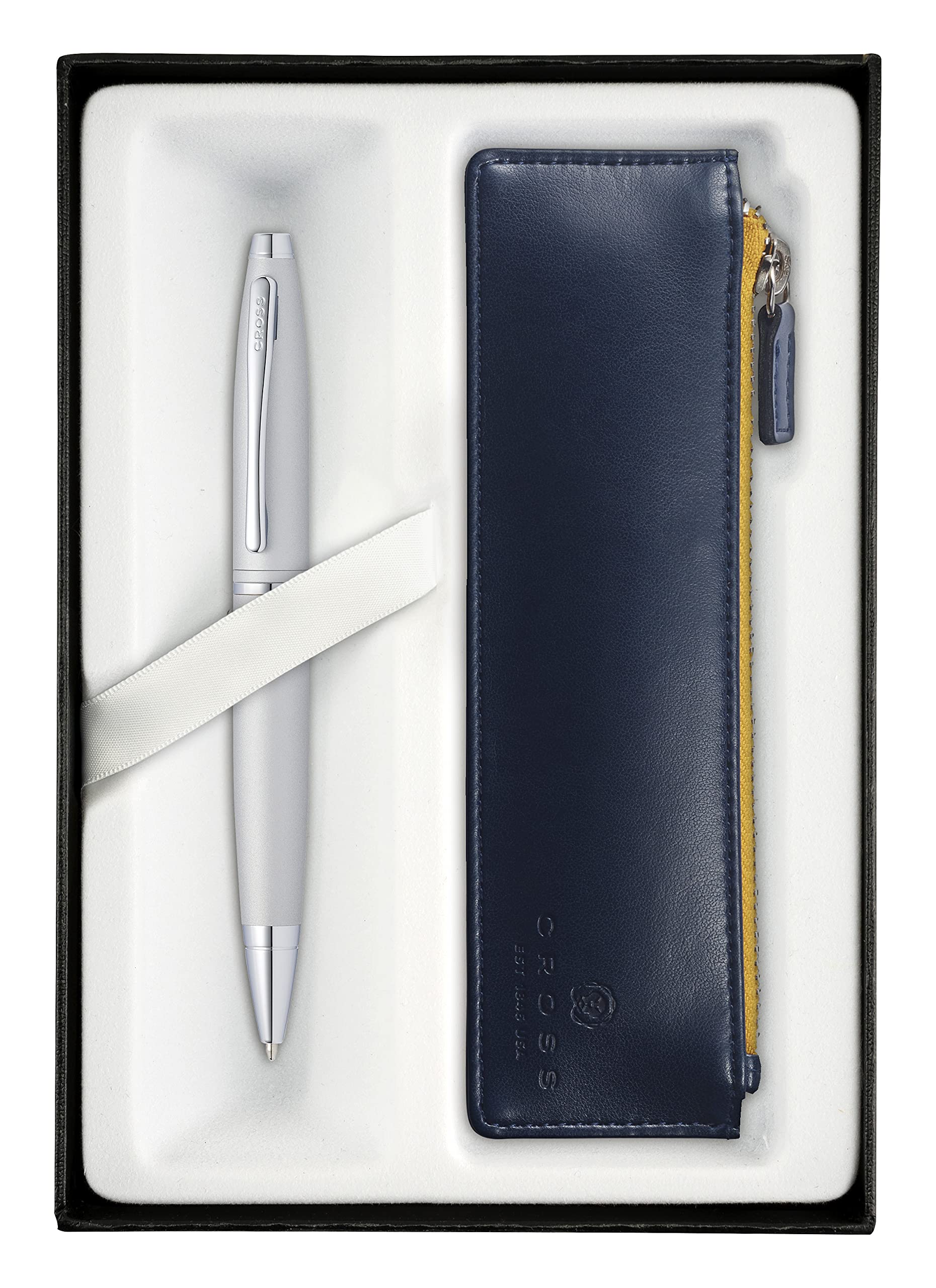 CROSS Calais Satin Chrome Gift Set with Ballpoint Pen and Crimson Red Zip Pen Pouch incl. Premium Gift Box