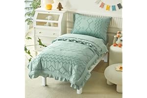 AIKASY Toddler Bedding Set 4 Pieces Super Soft Comforter Set, Shabby Boho Bohemian Design for Boys and Girls（Ruffle Fringe Comforter, Flat Sheet, Fitted Sheet and Pillowcase）- Green