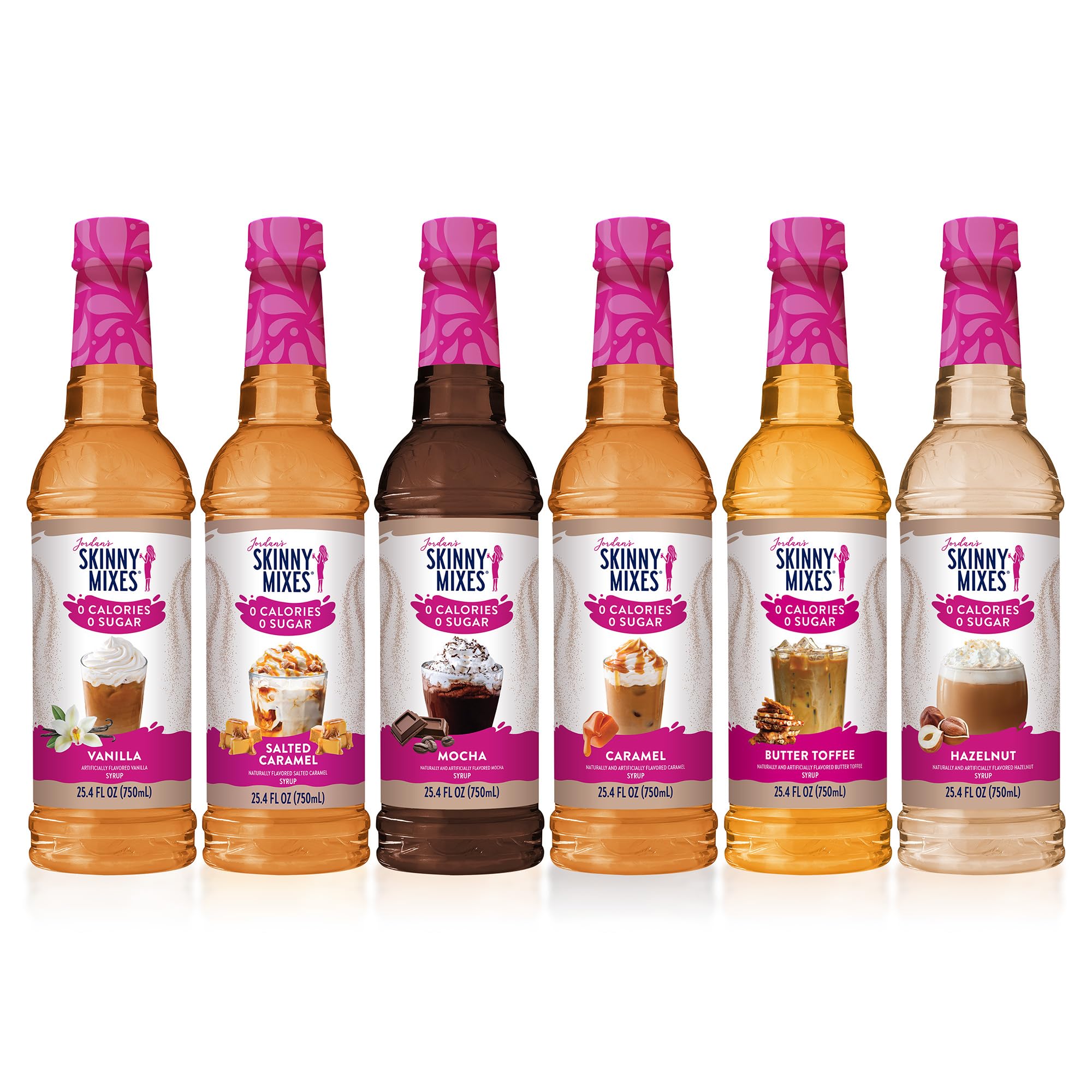 Photo 1 of Jordan's Skinny Syrups Sugar Free Coffee Syrup, Vanilla, Salted Caramel, Hazelnut, Mocha, Butter Toffee, and Caramel Syrups, Zero Calorie Flavoring, 25.4 Fl Oz (Pack of 6), Sampler Variety Pack bb 2026