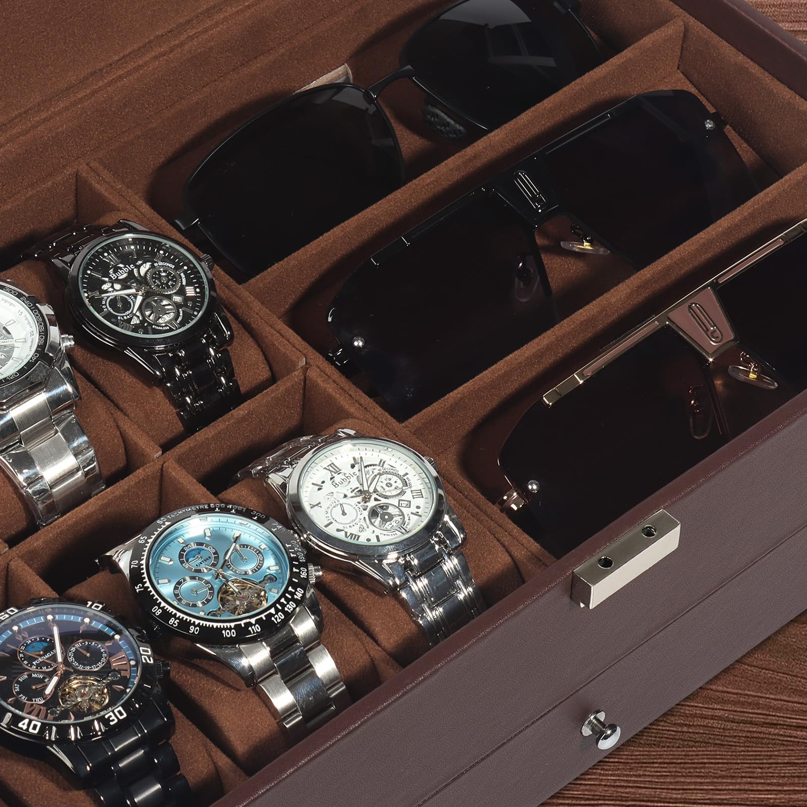 GLJ Jewelry Box for Men, 6 Slot Watch Box Jewelry Organizer With Drawer, Watch Case for Men with Large Window, 2-Layer Watch Holder, Sunglasses Storage Organizer, Velvet Lining, PU Leather, Gift Idea