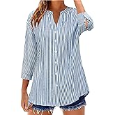 Micoson Womens 3/4 Sleeve Tops Cotton Linen Button Down Shirts V Neck Pleated Casual Loose Blouses Roll Up Sleeve Shirt
