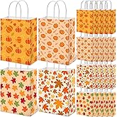 Gersoniel 48 Pieces Fall Thanksgiving Paper Gift Bags with Handle Autumn Treat Candy Goodie Bags with Pumpkin and Maple Leaves Patterns for Fall Autumn Thanksgiving Party Favors