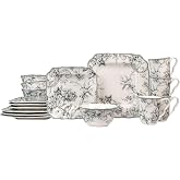 222 Fifth Adelaide Grey 16-Piece Floral Porcelain Dinnerware Set | Microwave and Dishwasher Safe Dining Set for 4 | Stackable and Chip-Resistant Plates Bowls and Cups | Gift for Housewarming &amp; Wedding