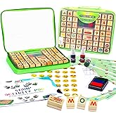 Wooden Large Stamp Premium Set for Kids. 72 Pcs Alphabet Stamps. Letters, Numbers, 3-Color Washable Ink Pad, 3 Refill Bottles, Activity Book. Ideal Creativity Kit