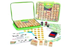 ART WITH SMILE Wooden Large Stamp Premium Set for Kids. 72 Pcs Alphabet Stamps. Letters, Numbers, 3-Color Washable Ink Pad, 3 Refill Bottles, Activity Book. Ideal Creativity Kit