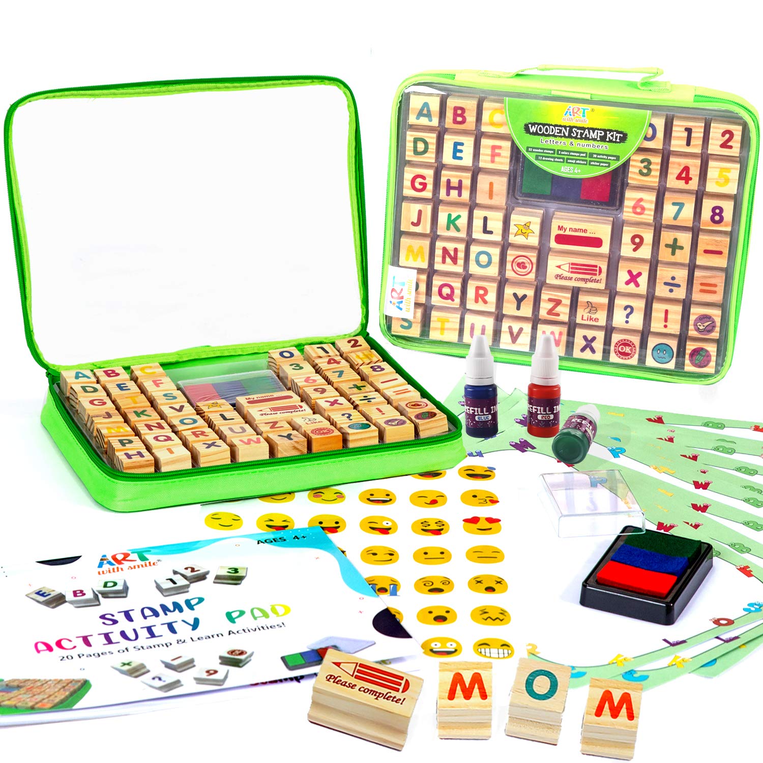 Large Wooden Stamp Premium Set for Kids. 72 Pcs Alphabet Stamps. Letters, Numbers, Emojis, 3-Color Washable Ink Pad, 3 Refill Bottles, Activity Book. Ideal Creativity Kit for back to school