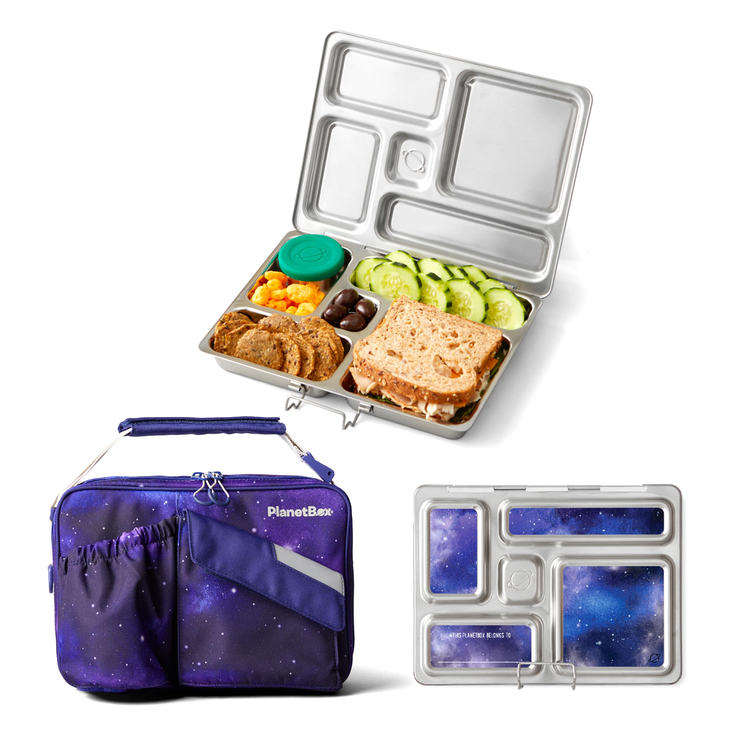 Photo 1 of PlanetBox Rover Stainless Steel Bento Box Style Lunch Box Kit for Kids with 5 Compartments, Stardust Edition includes Insulated Lunch Bag, Leakproof Food Containers and Matching Magnets