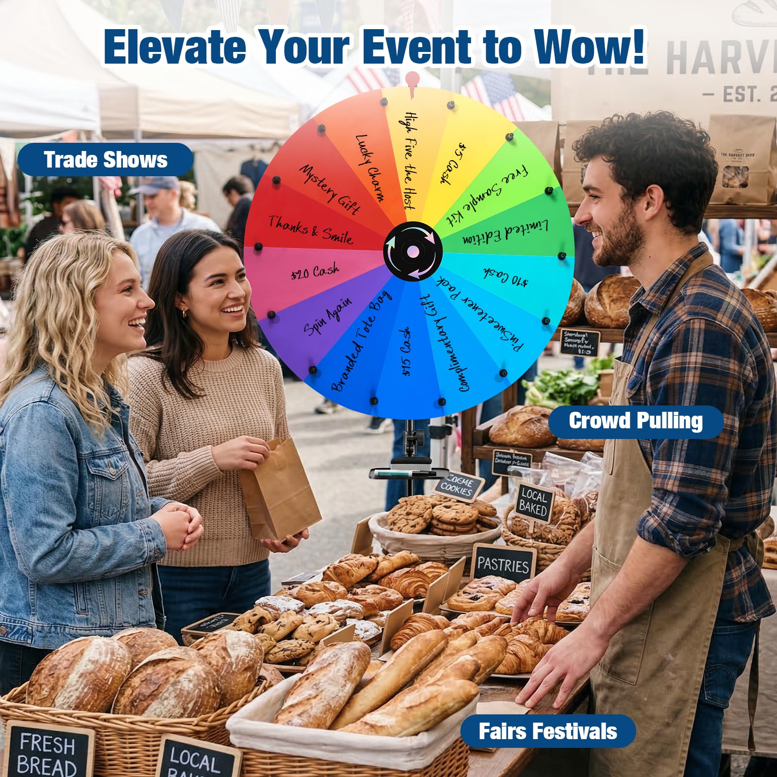 Condition photo showing New/Like New for spinning prize wheel, ajustable 41"-67" height prize wheel for desktop & floor stand, storable prize wheel spinner, suitable for party, trade show, events, birthday wedding housewarming