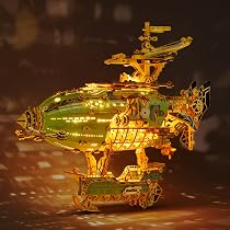 FUNPOLA Maquette 3D en Bois Dirigeable Steampunk – Modèle DIY de Collection et Décoration d'Intérieur, Kit de Construction pour Adultes et Adolescents (14+, Jaune