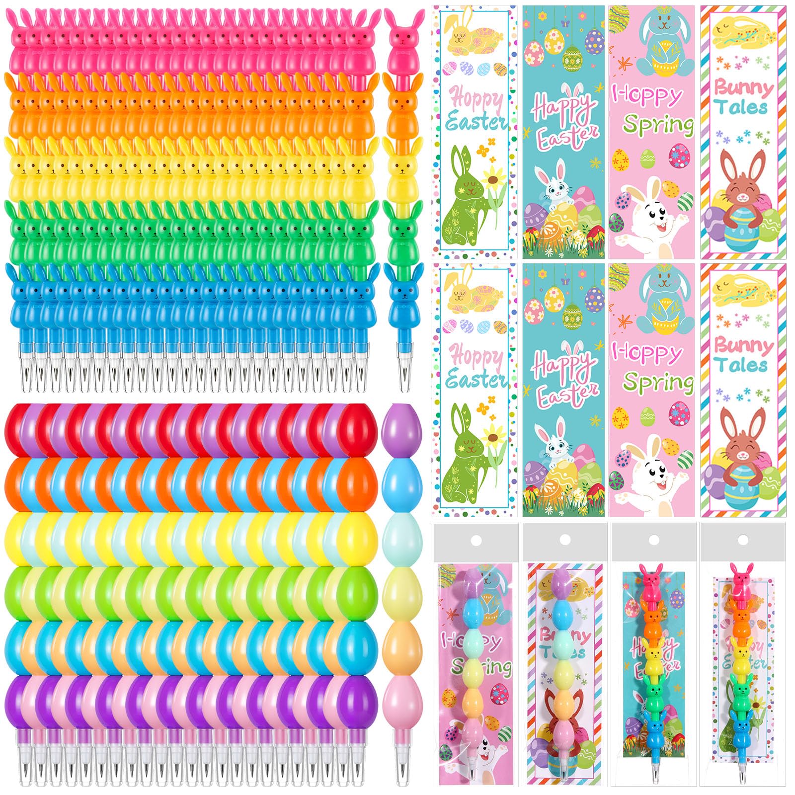 MotiMind 96 Pieces Easter Party Favors Stackable Pencils for Kid, 24 Bunny Egg Stacking Pencils with 24 Card Rabbit Pencil for Easter Basket Goodie Bag Stuffers School Students Stationary Reward Gift