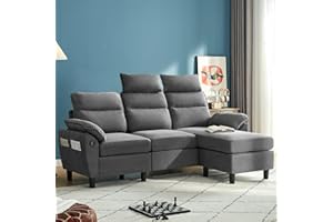 LINSY HOME Convertible Sectional Couch, 3 Seat L Shaped Sofa with 2 USB Ports and Storage Bags, Small Sectional Sofa Set for Living Room, Apartment, Dark Gray