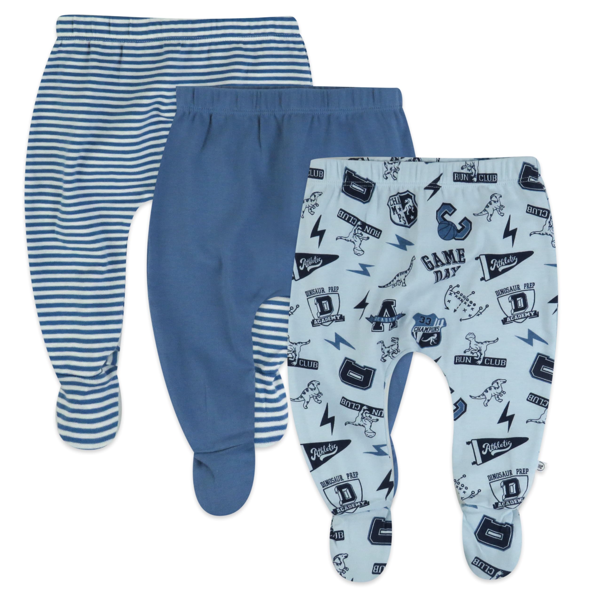 HonestBaby 3-Pack Footed Pants Roomy Fit Pull on Bottoms 100% Organic Cotton for Infant Baby Boys, Girls, Unisex, Dino Prep Academy Blue, 0-3 Months Image