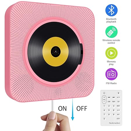 Tragbarer CD Player, wandmontierbar Bluetooth eingebaute HiFi-Lautsprecher für Kinder mit Fernbedienung, FM-Radio, USB mp3 Ko