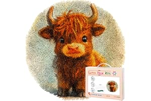 GENERIC Latch Hook Rug Kit Cute Highland Cow Baby Stamped Handmade Round Shape Carpet Crochet Yarn Craft DIY Hook and Latch Door Mat Tapestry for Christmas Home Floor Decor 20x20inch(10)